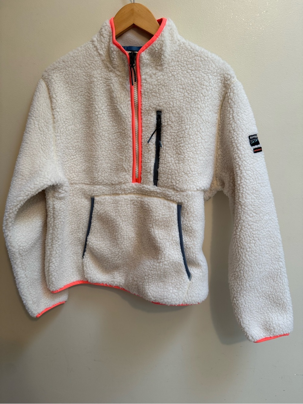 Womens Superdry Sherpa Half-Zip Pullover Jacket in Ivory with Coral Trim